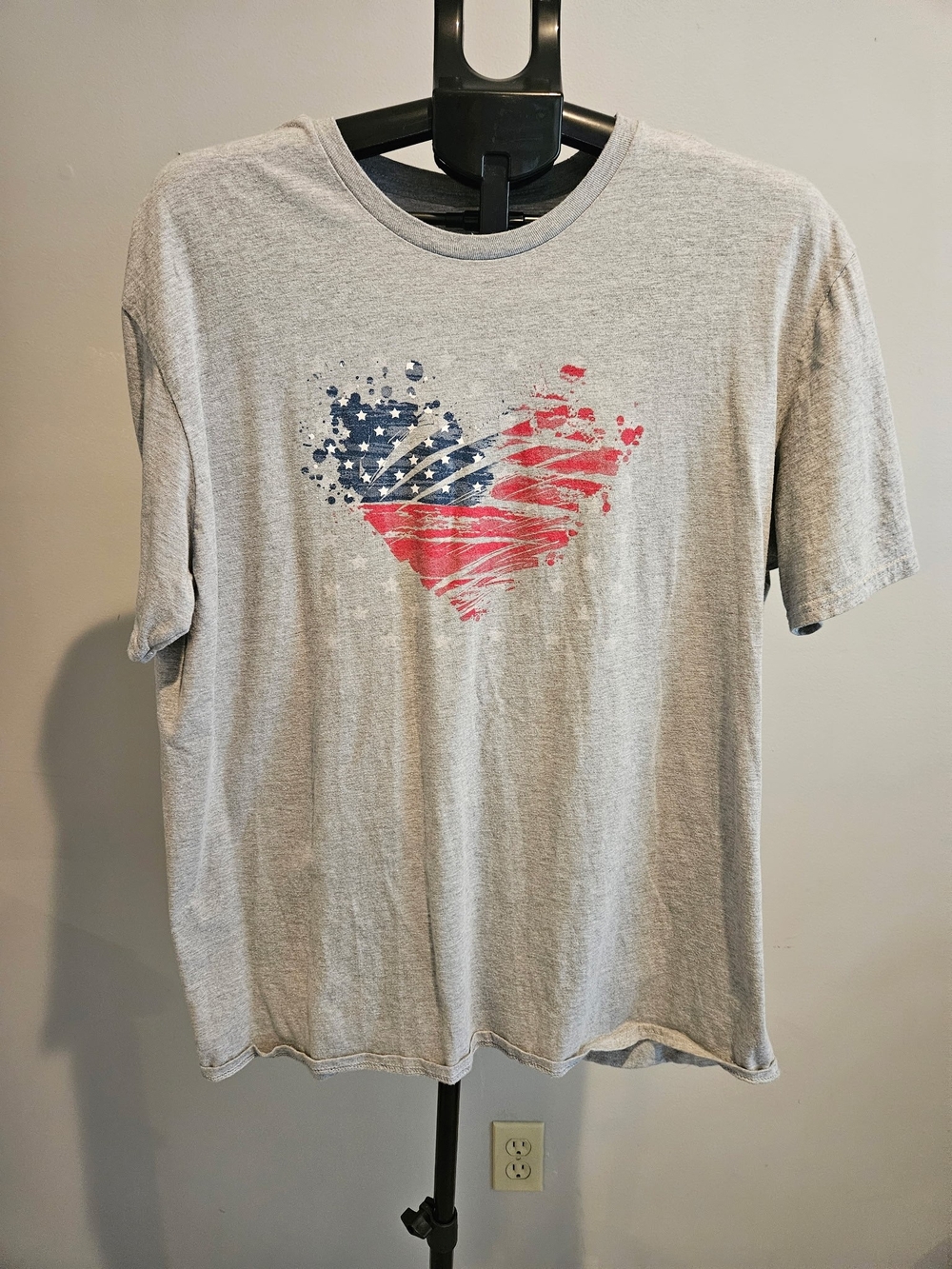 Womens Gray Graphic T-Shirt with Red & Blue Heart Flag Print